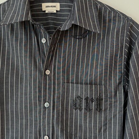 Zadig and Voltaire Taskiz Manifesto Striped Embellished Cotton Button Shirt Sz S - Picture 4 of 12